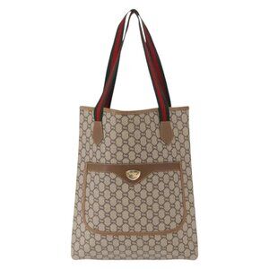 GUCCI GG Plus Supreme Web Sherry Line Tote Bag PVC Beige Gold Auth ka901